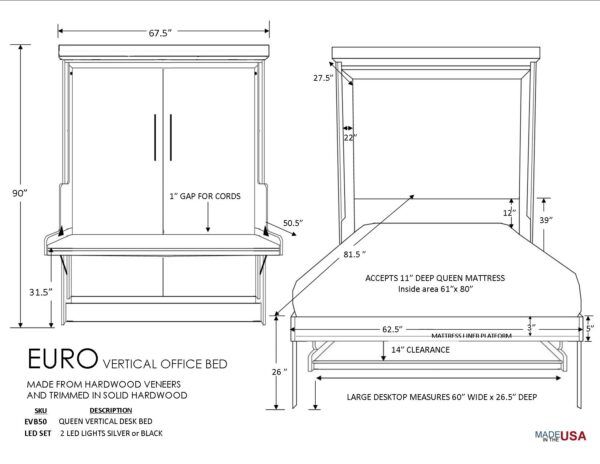 Euro Vertical Desk Bed Sizing and Dimension